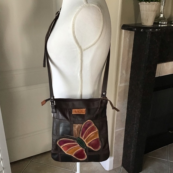 Vintage Handbags - Leather Crossbody Purse Medellin Colombia Patchwork Butterfly Handmade Vintage
